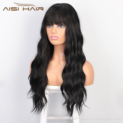 Aisi Hair Popular Vendor Cheap Wholesale Medical Long Wavy Natural Wave Wig With Bangs For Black Women Synthetic Hair Wigs
